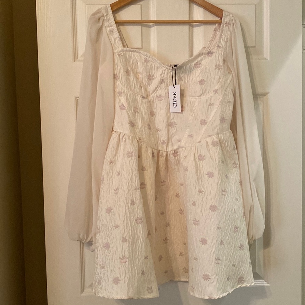🆕 Cider Floral Pink & Light Yellow Dress with Sheer Long Sleeves
